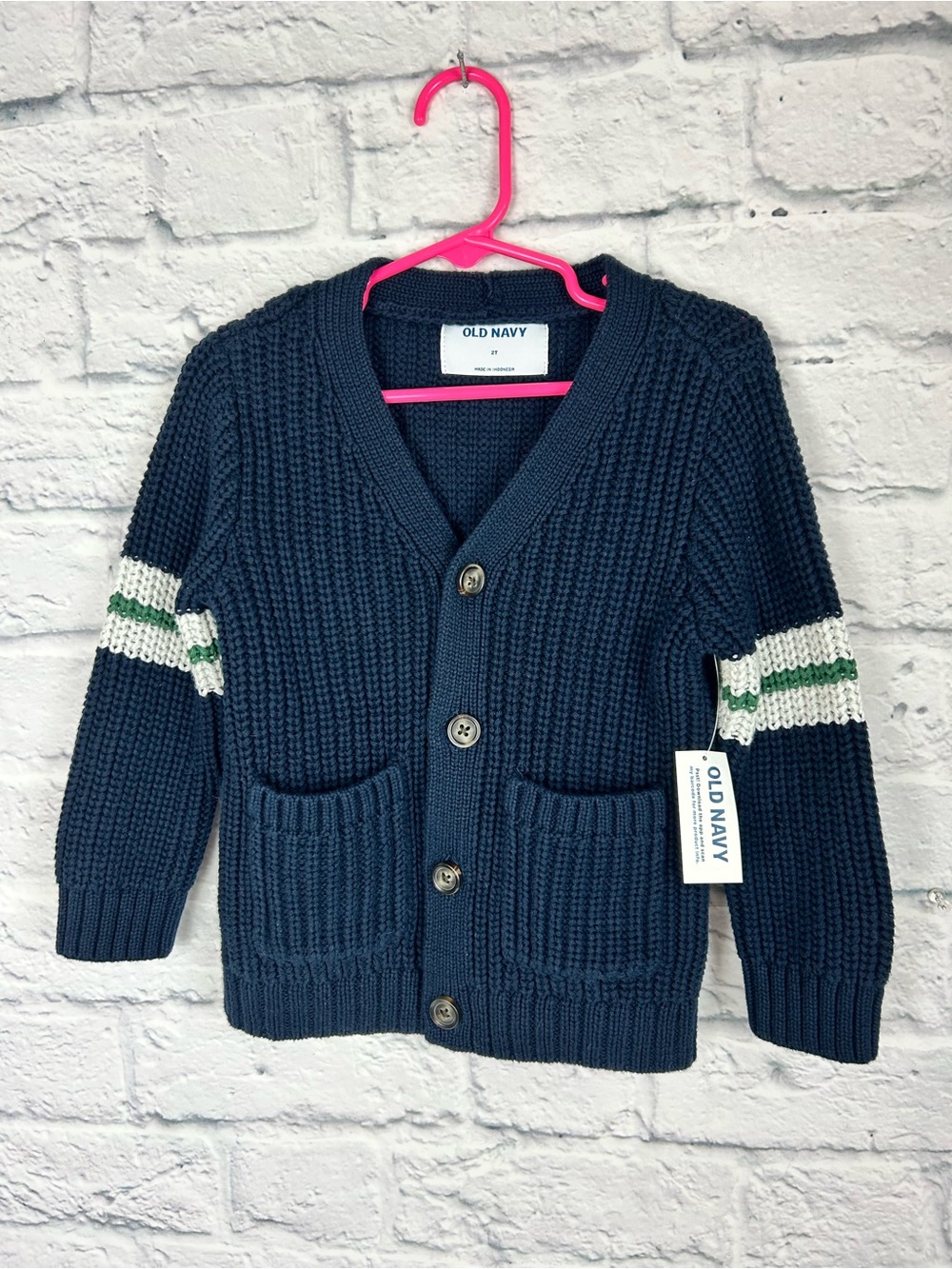Old Navy Toddler 2T Navy Chunky Knit Cardigan Striped Sleeve 100% Cotton NWT